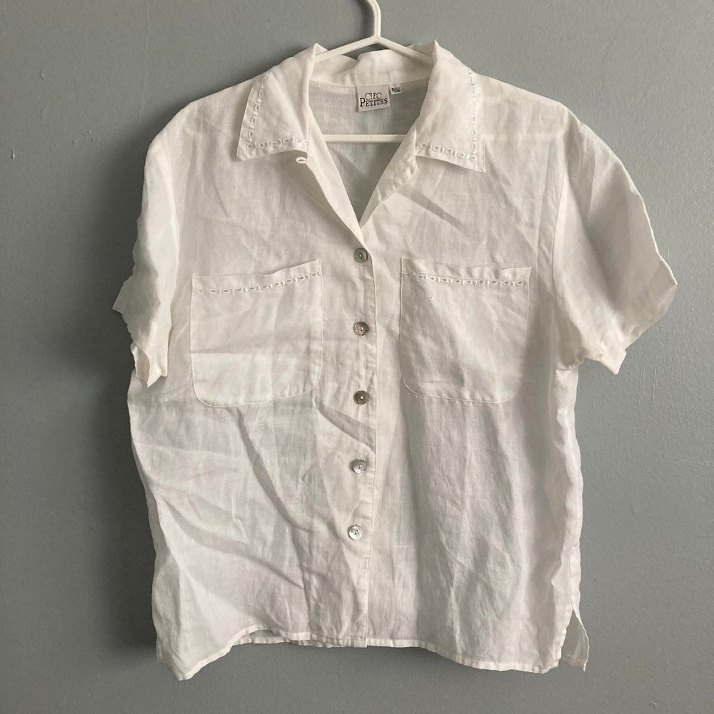 Cleo Petite White Blouse Short Sleeve 100% Linen Size 6/36
